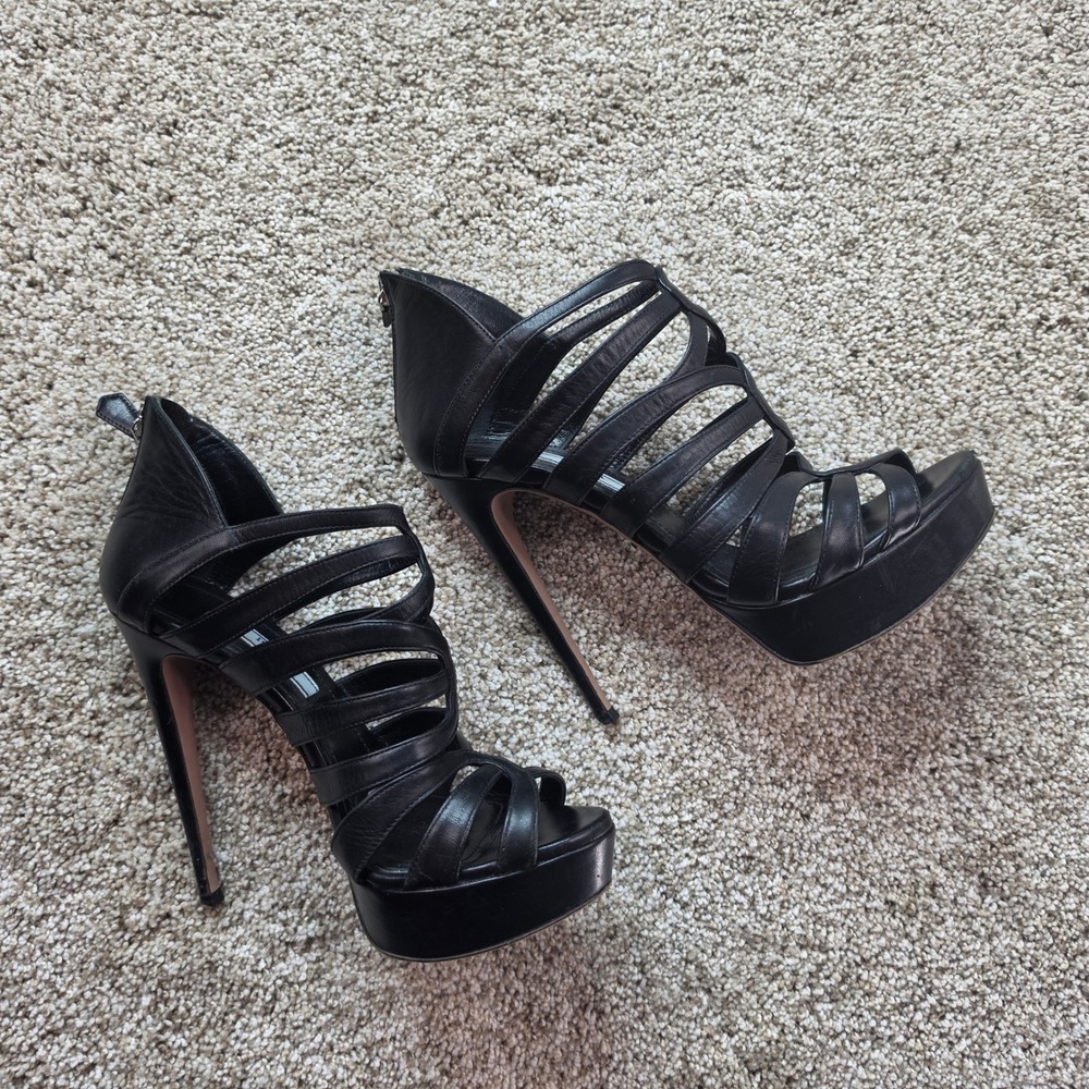 Prada Strappy Cage Platform Heels Womens US 7.5 Black Leather Stiletto Sandals